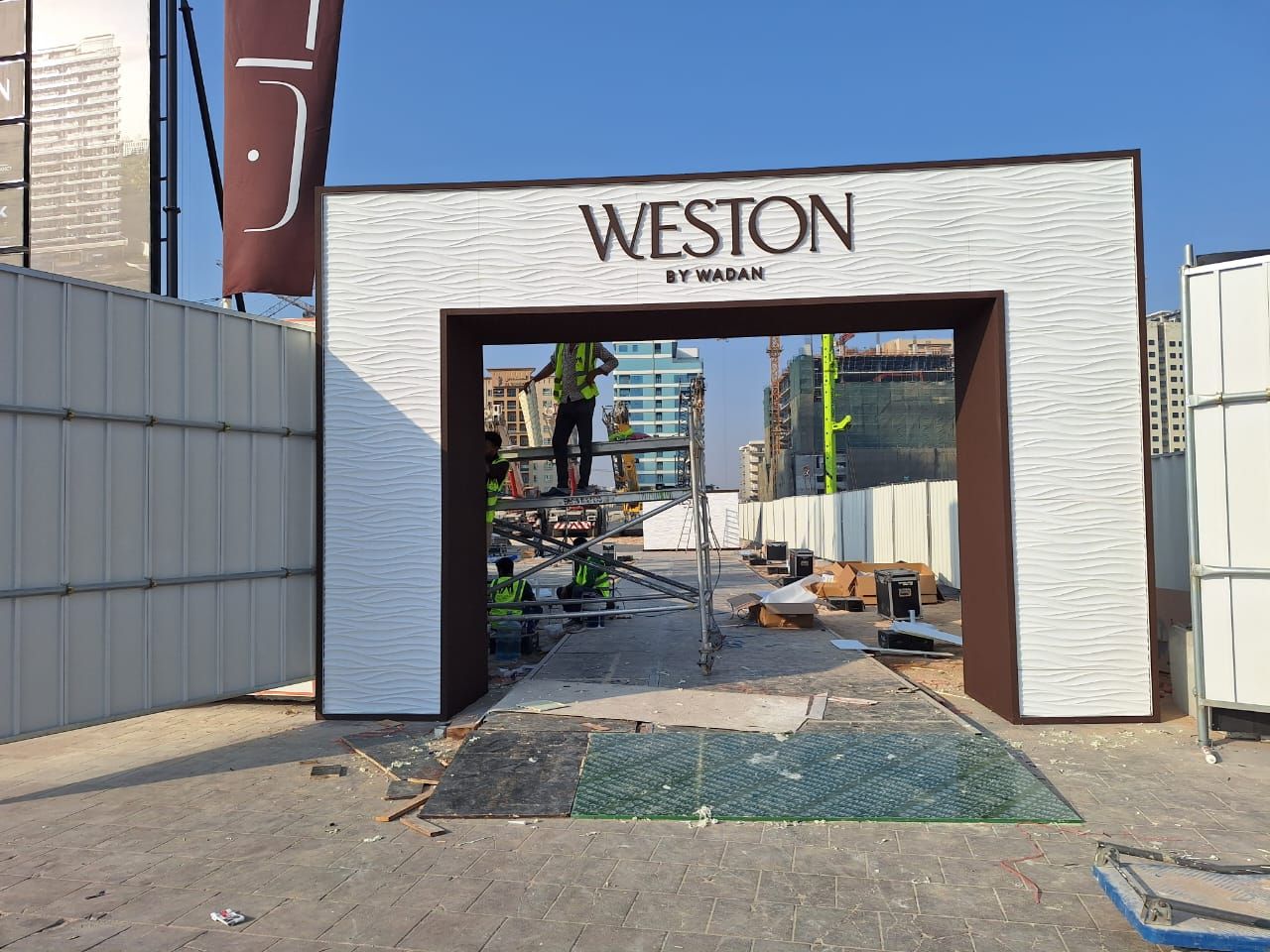 Weston by Wadan branded entrance arch under construction for the groundbreaking ceremony