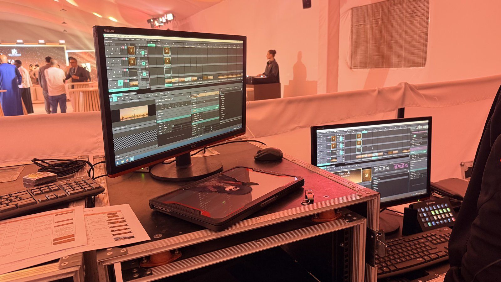 Show control desk running playback and lighting cues at the Weston by Wadan groundbreaking ceremony